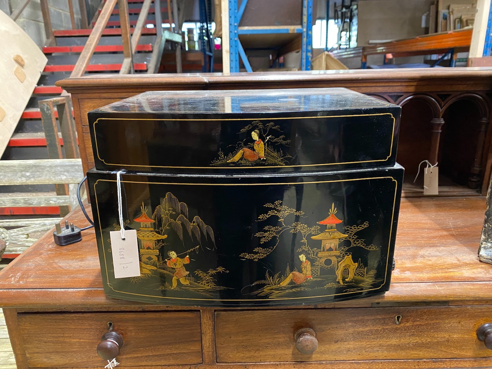 A 1960's chinoiserie lacquer Pye record player, width 43cm